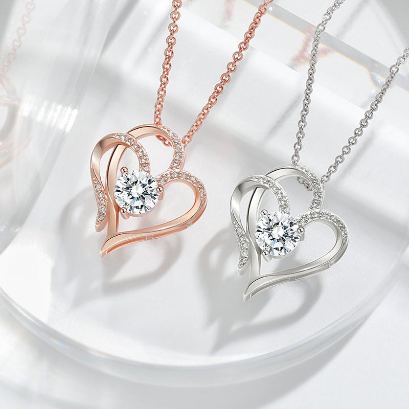 Zircon Double Love Necklace With Rhinestones Ins Personalized Heart-shaped