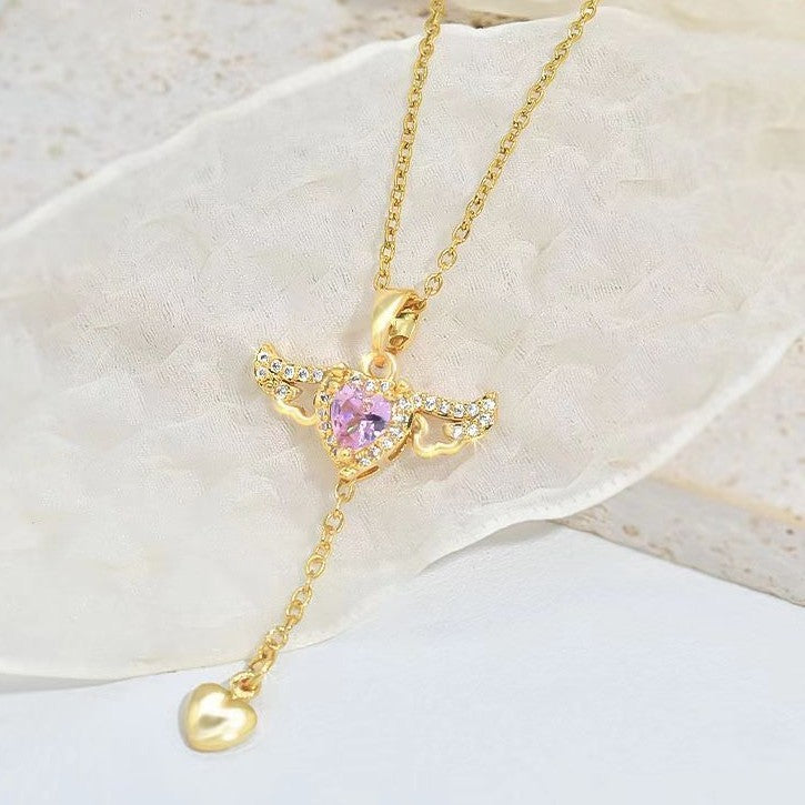 Moving Cupid Heart Angel Wings Necklace With Crystal Clavicle Chain