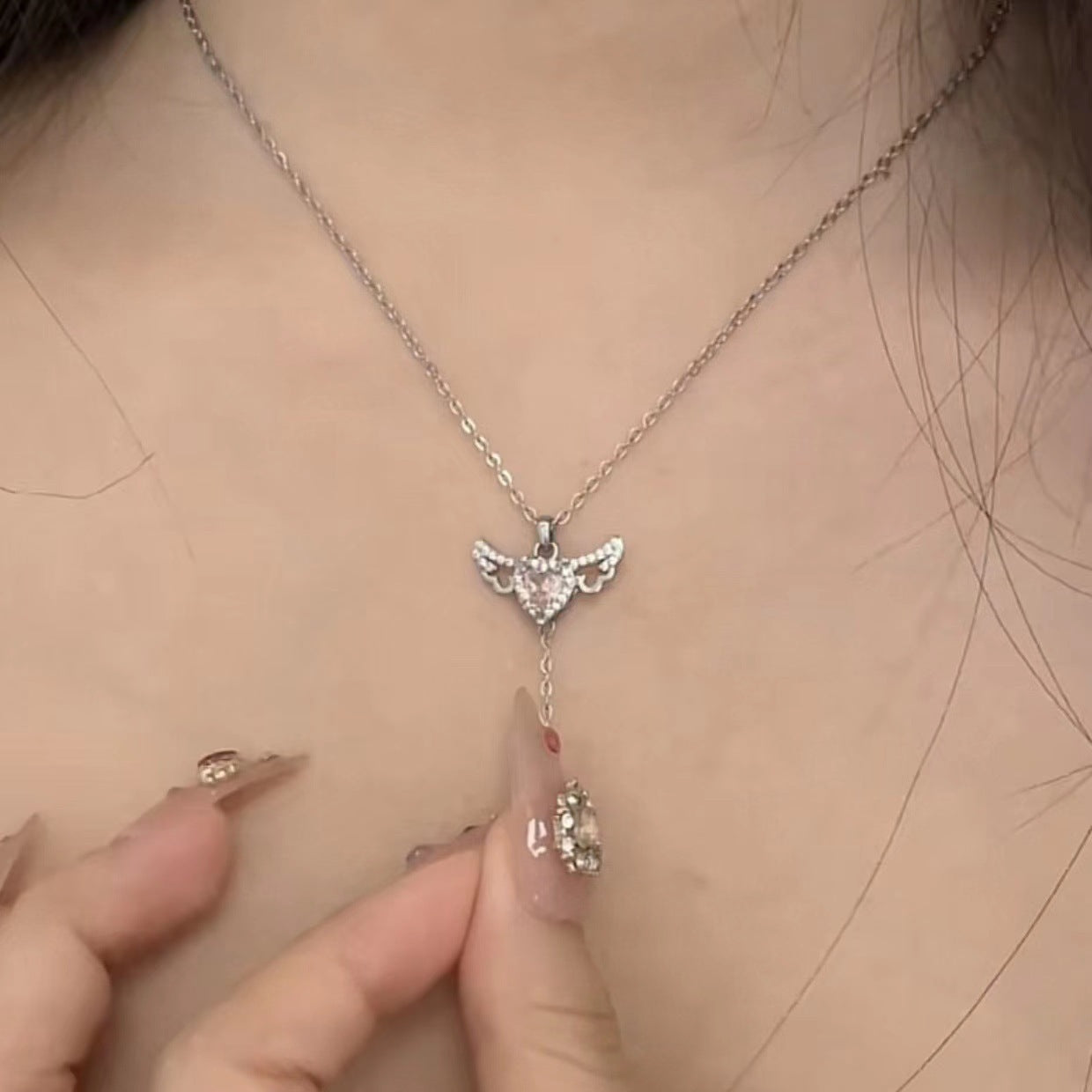 Moving Cupid Heart Angel Wings Necklace With Crystal Clavicle Chain