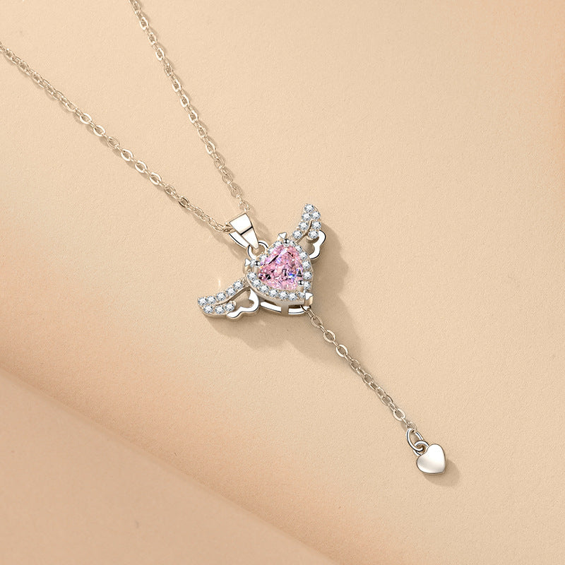 Moving Cupid Heart Angel Wings Necklace With Crystal Clavicle Chain